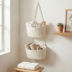 Alilang 2 Tier Hanging Storage Basket Cotton Rope Wall Organizer Modern Neutral Storage, White - Image 4