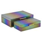 HomeRoots Set of Two Rainbow And Gold Faux Shagreen Nesting Storage Boxes With Lids