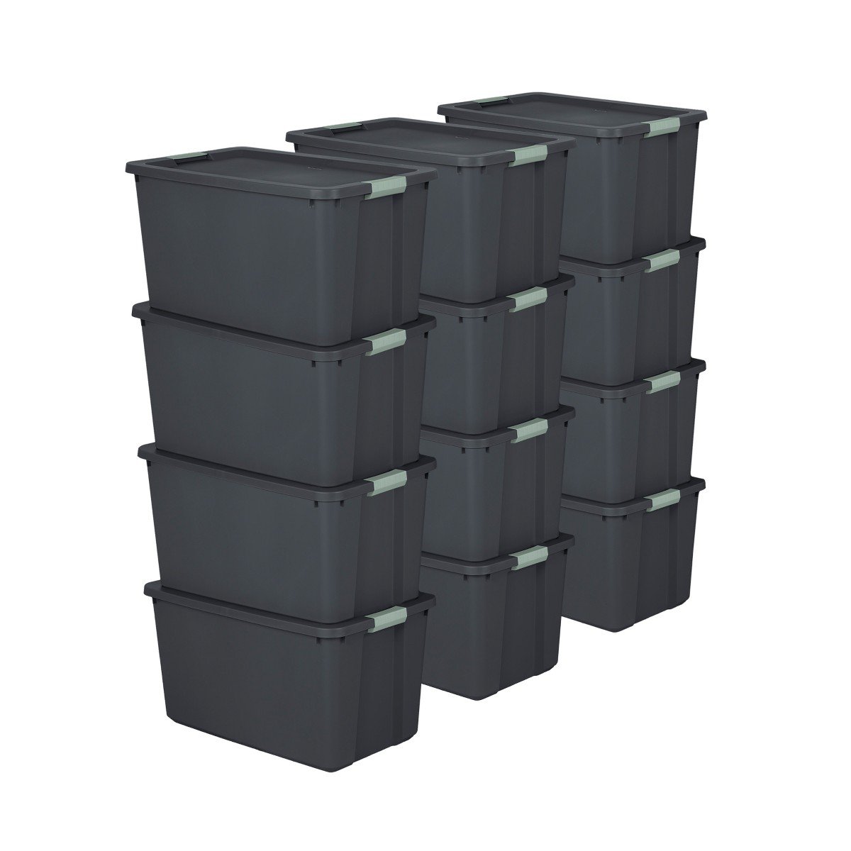 GUEST_8ddd80ea-2aab-4c12-a2d0-fe73f5a930b1.jpg Sterilite 12 Pack 34 Gal Latch Tote, Stackable Plastic Storage Bin, Gray/Green - Image 1
