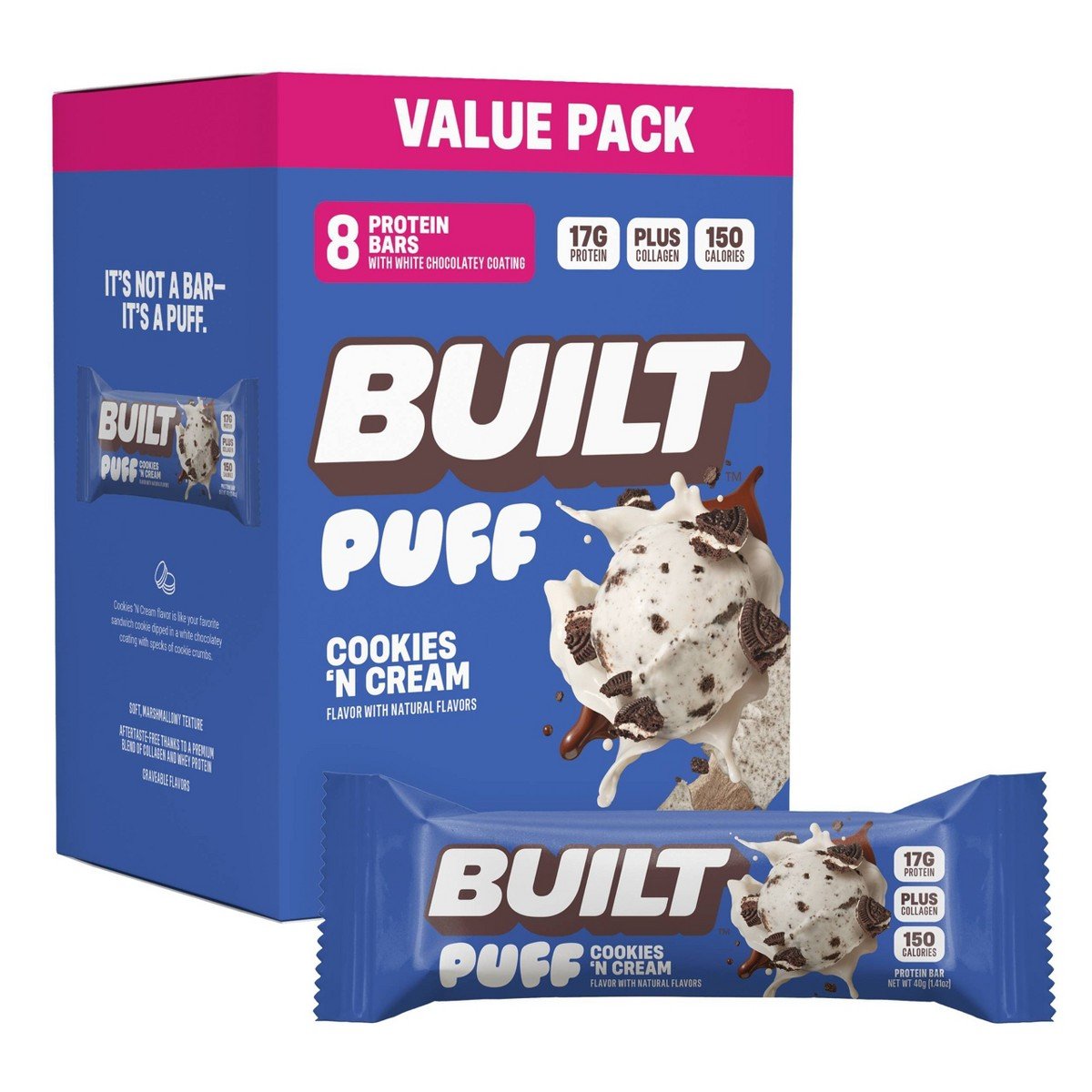 GUEST_90fd66fd-931c-4dfb-9573-899aa5cb2b2f.jpg Built Bar Puff Cookies & Cream Protein Bars - 17g Protein - 1.41oz/8ct: Chewy, Ready to Eat - Image 1