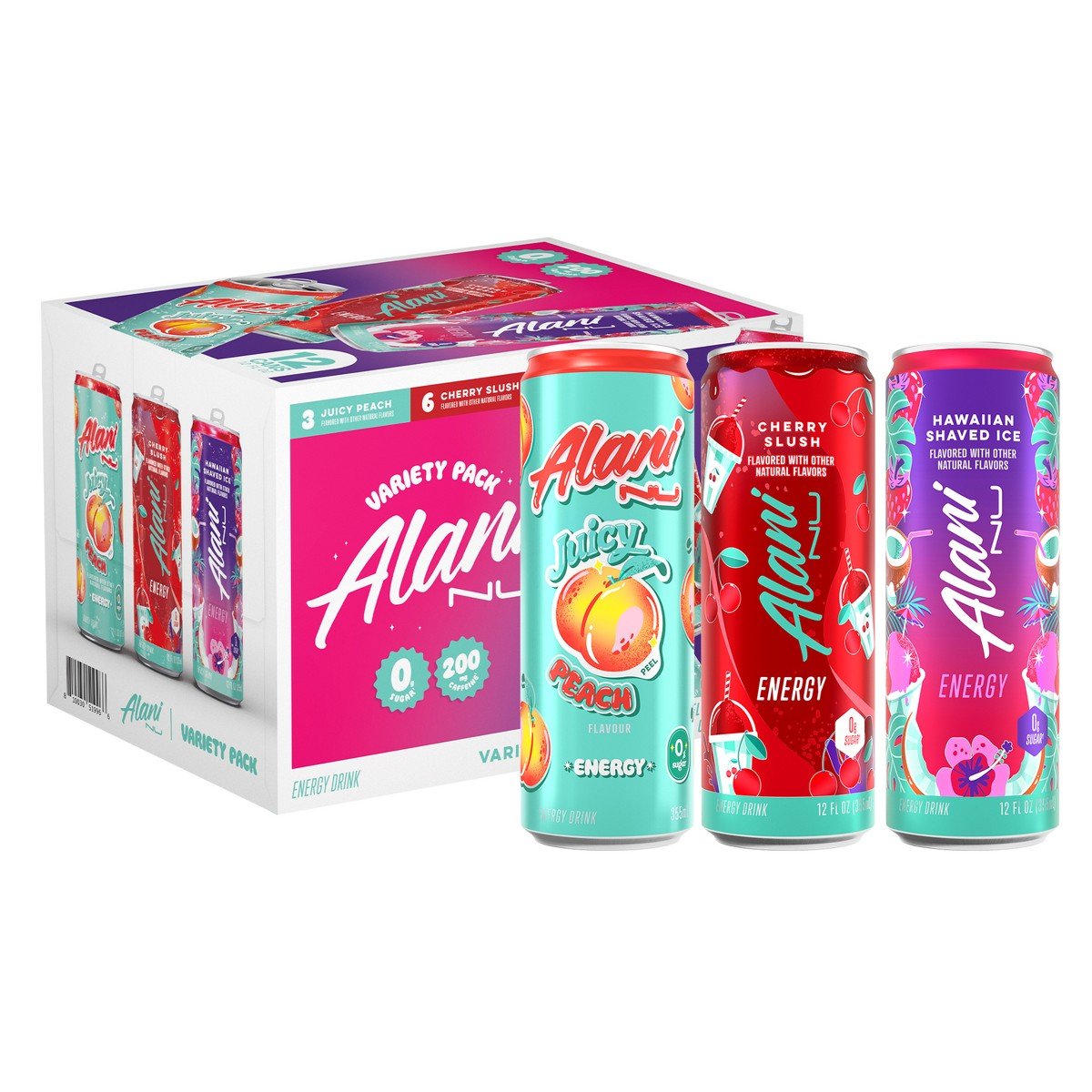GUEST_99a1aa03-13d3-415d-8428-d2aa75219f39.jpg Alani Nu Variety Pack Energy Drink (Cherry Slush, Hawaiian Shaved Ice, Peach) - 12pk/12 fl oz Cans: Caffeinated - Image 1