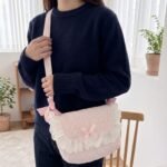 Alilang Womens Quilted Gingham Makeup Bag with Shoulder Strap Lace Ruffle Bow - Pink - Image 4