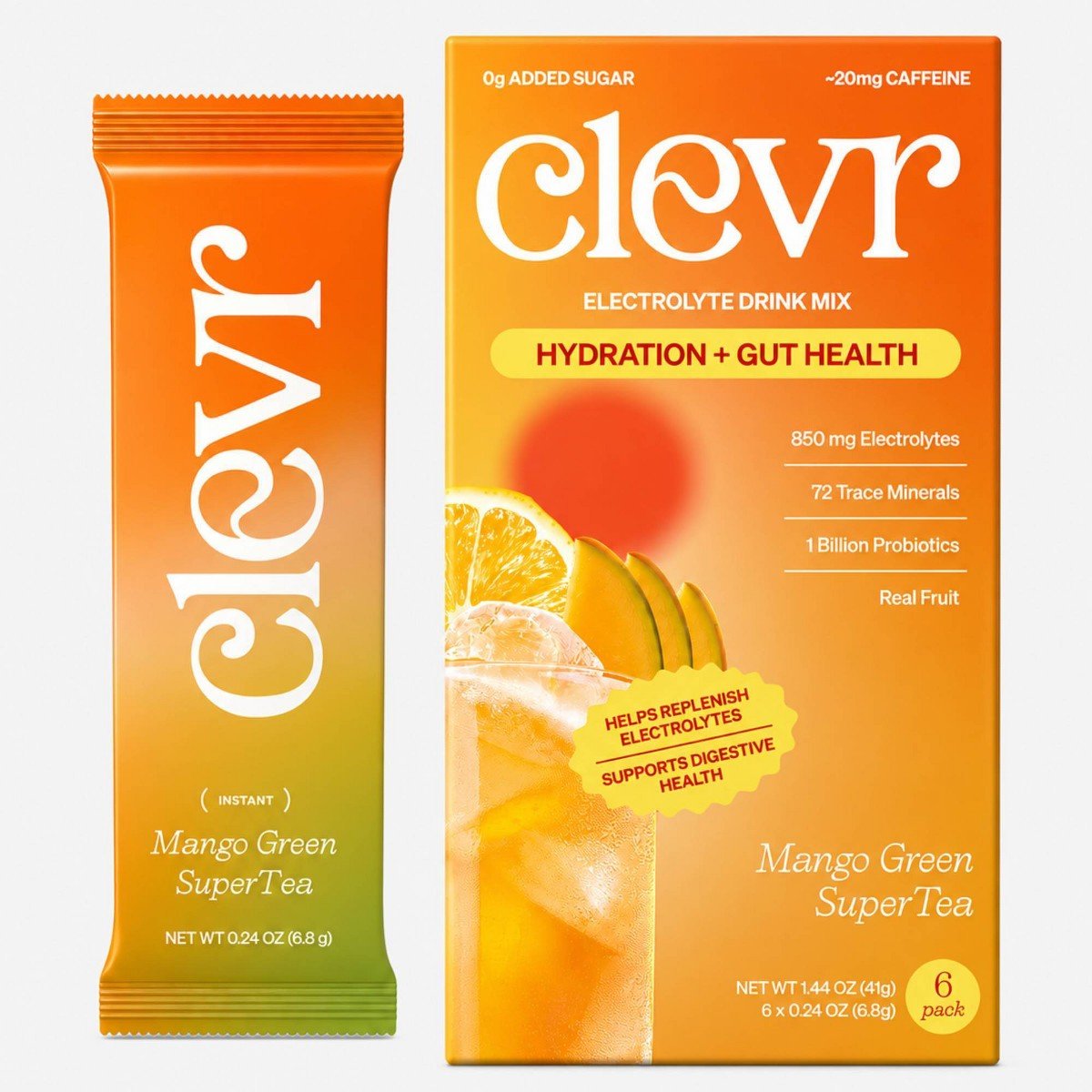 GUEST_9d5caf75-1006-41d9-b96d-b6a631215cd1.jpg Clevr Hydration Electrolyte Mix with Gut Supporting Probiotics - Mango Green Tea, Low Caffeine - 0.24oz/6ct - Image 1
