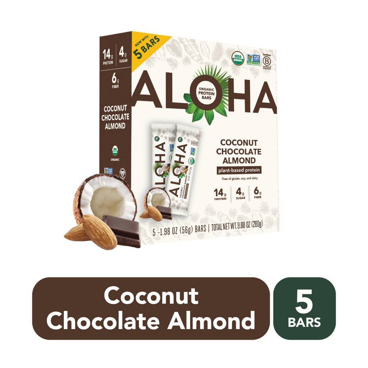 GUEST_a1a52b6e-8578-43a3-bab8-41105ca3ddf0.jpg ALOHA Coconut Chocolate Almond Plant-Based Protein Bars - 14g Protein - 9.88oz/5ct: Dairy-Free, Organic - Image 1