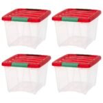 IRIS 4pk 19qt Stackable Holiday Plastic Storage Bins with Lids and Latching Buckles Clear Red