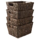 Casafield Set of 4 Hyacinth Storage Baskets with Handles - Espresso Brown, 12" x 9" x 6" Rectangular Bins for Shelves, Blankets, Laundry Organization - Image 2