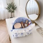 Alilang Womens Quilted Ruffle Makeup Bag with Blue Print Cosmetic Pouch - White - Image 2