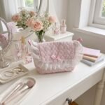 Alilang Womens Quilted Gingham Makeup Bag with Shoulder Strap Lace Ruffle Bow - Pink - Image 2