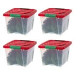 IRIS 4pk 19qt Stackable Holiday Plastic Storage Bins with Lids and Latching Buckles Clear Red - Image 2