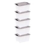 IRIS 32qt 5pk Stack and Pull Plastic Storage Bin: Transparent, Stackable, Lidded, Portable, Multicolor, Utility Totes
