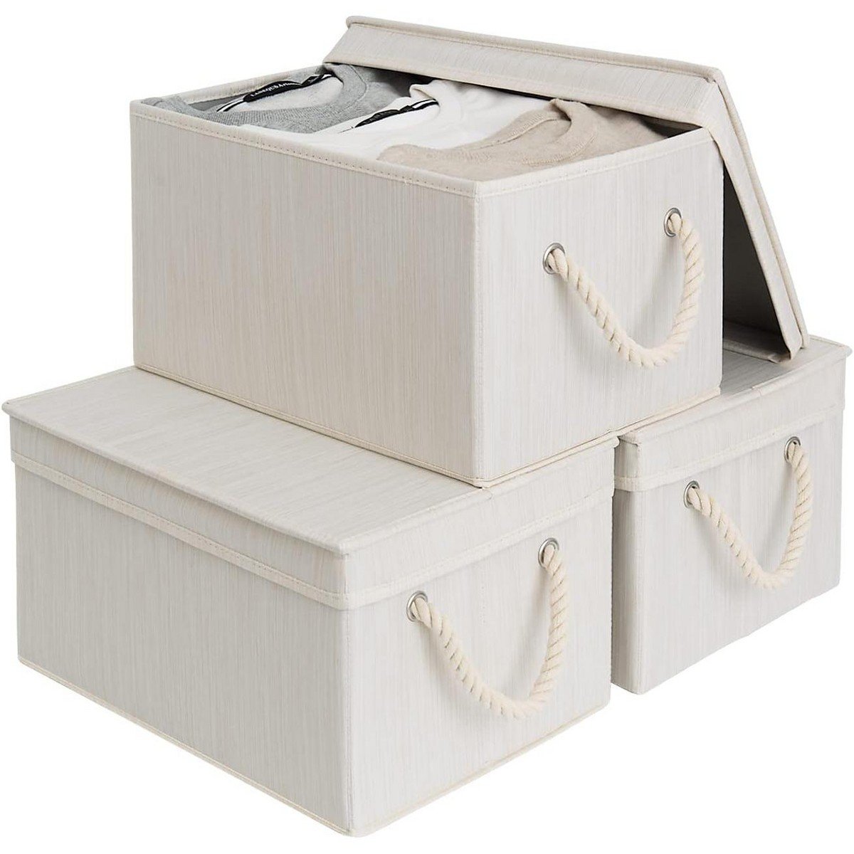 GUEST_b6fd3ac0-330b-47d8-96b5-5f8d49053096.jpg Summit Adventure Storage Bins with Lid,Decorative Boxes with Soft Rope Handles,Foldable Basket,Mixing of Beige,White & Ivory,Large,3-Pack - Image 1