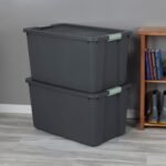 Sterilite 12 Pack 34 Gal Latch Tote, Stackable Plastic Storage Bin, Gray/Green - Image 5
