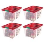 IRIS 4pk 54qt Stackable Holiday Plastic Storage Bins with Lids and Latching Buckles Clear Red - Image 2