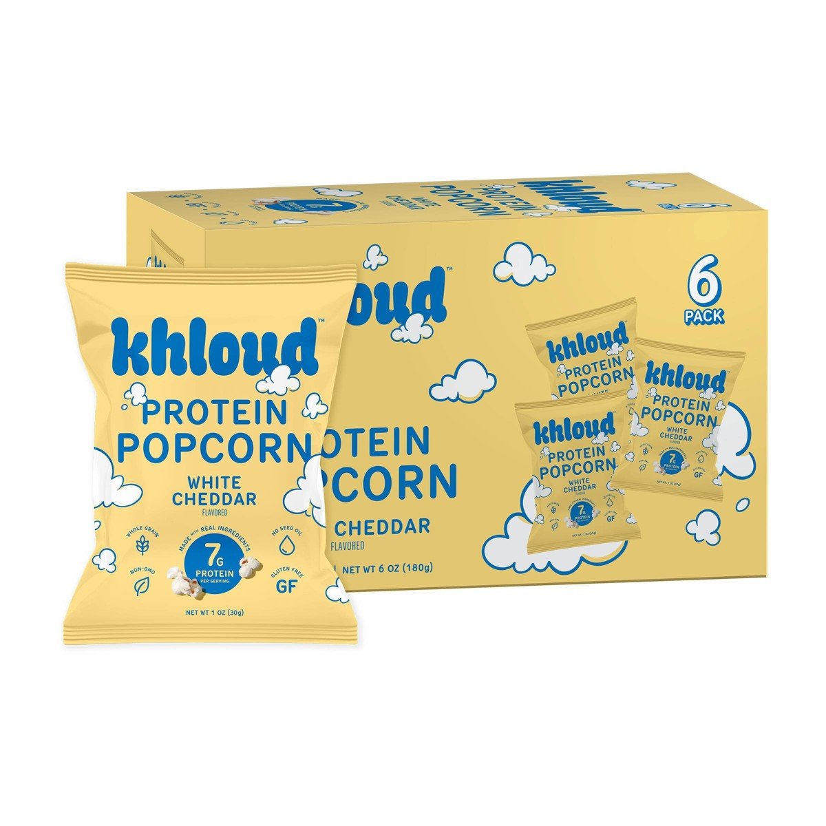 GUEST_c7fe62e6-fa74-44c3-8418-4b9d253f2854.jpg Khloud White Cheddar Protein Popcorn Multipack - 1oz/6ct - Image 1