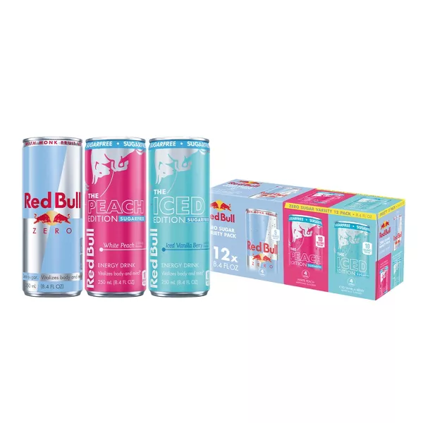GUEST_ca32d5ab-bea7-4d50-b3c7-17386757a59e Red Bull Sugarfree Variety Pack Energy Drink, Caffeinated - Zero, Peach, Iced Vanilla Berry - 12pk/8.4 fl oz Cans - Image 1
