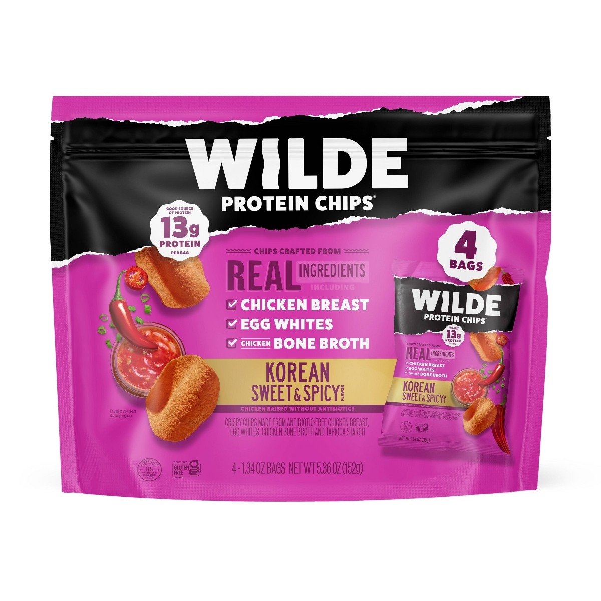 GUEST_cb016d57-796e-4a0c-9690-f1bfb953df30.jpg WILDE 13g On The Go Snacks Protein Chips - Korean Sweet & Spicy - 1.34oz/4ct - Image 1