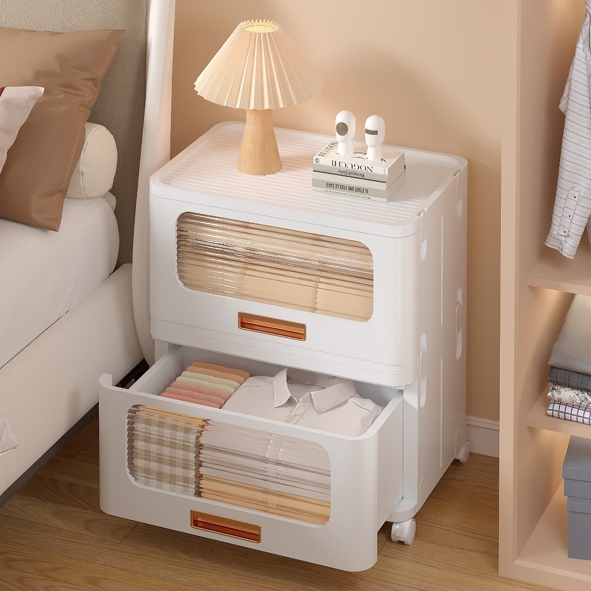 GUEST_cb693535-10ad-49aa-bd40-1218cfc82c8b.jpg VECELO 2-Tier Stackable Storage Bins with Lid, Foldable PP Storage Cabinet Home Organizer with Lockable Wheels, White - Image 1