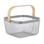 Simplify Mesh Tote with Bamboo Handle Gray: Metal Decorative Storage Bin, No Assembly, 9.45" H x 9.84" D x 6.9" W