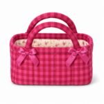 Alilang Quilted Gingham Storage Caddy with Handles Bow Accent for Makeup Vanity Dorm Bathroom Organizer - Pink