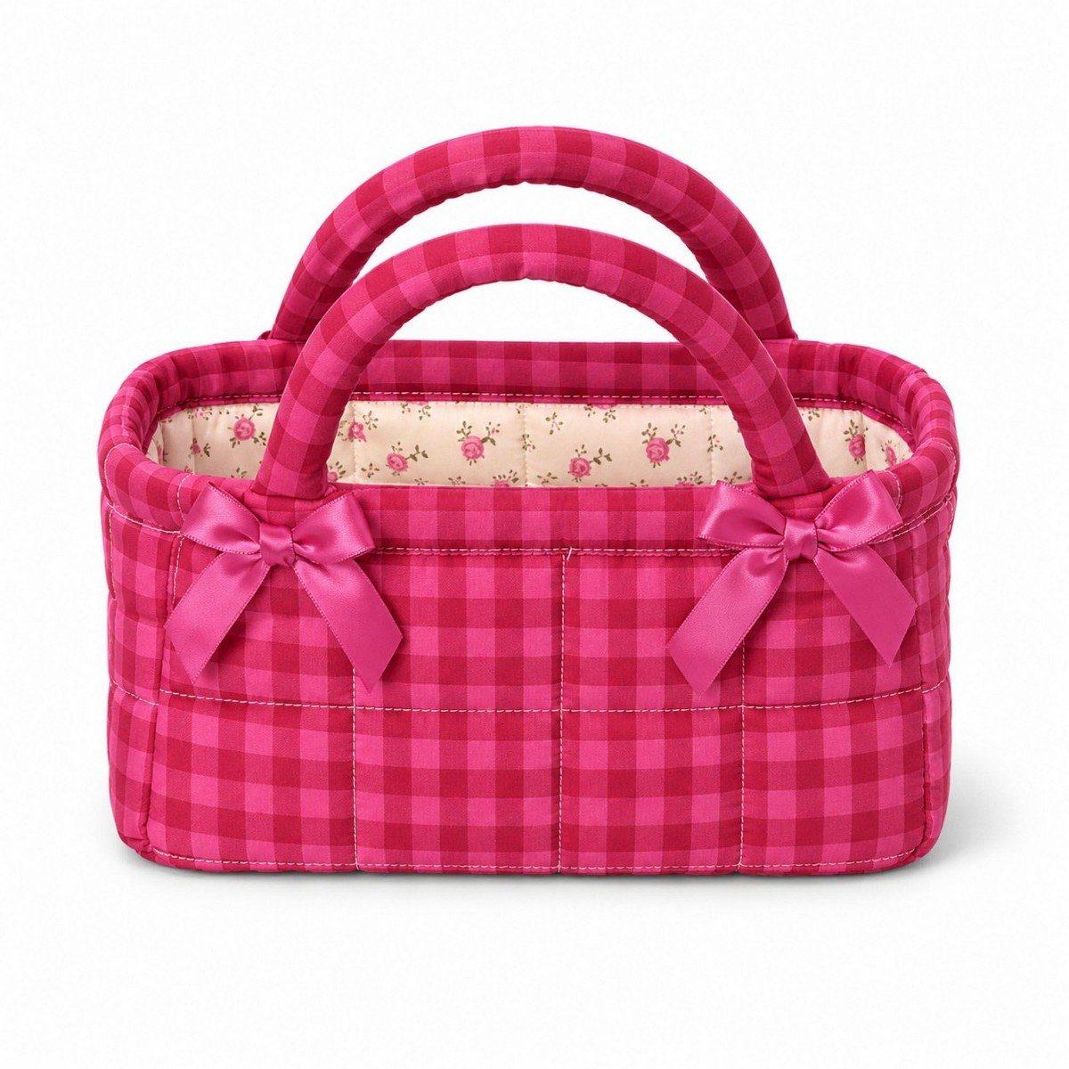 GUEST_d0c694ae-ed16-41dd-95e0-197cf7c948b0.jpg Alilang Quilted Gingham Storage Caddy with Handles Bow Accent for Makeup Vanity Dorm Bathroom Organizer - Pink - Image 1