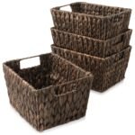 Casafield Set of 4 Hyacinth Storage Baskets with Handles - Espresso Brown, 12" x 9" x 6" Rectangular Bins for Shelves, Blankets, Laundry Organization