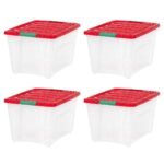 IRIS 4pk 54qt Stackable Holiday Plastic Storage Bins with Lids and Latching Buckles Clear Red