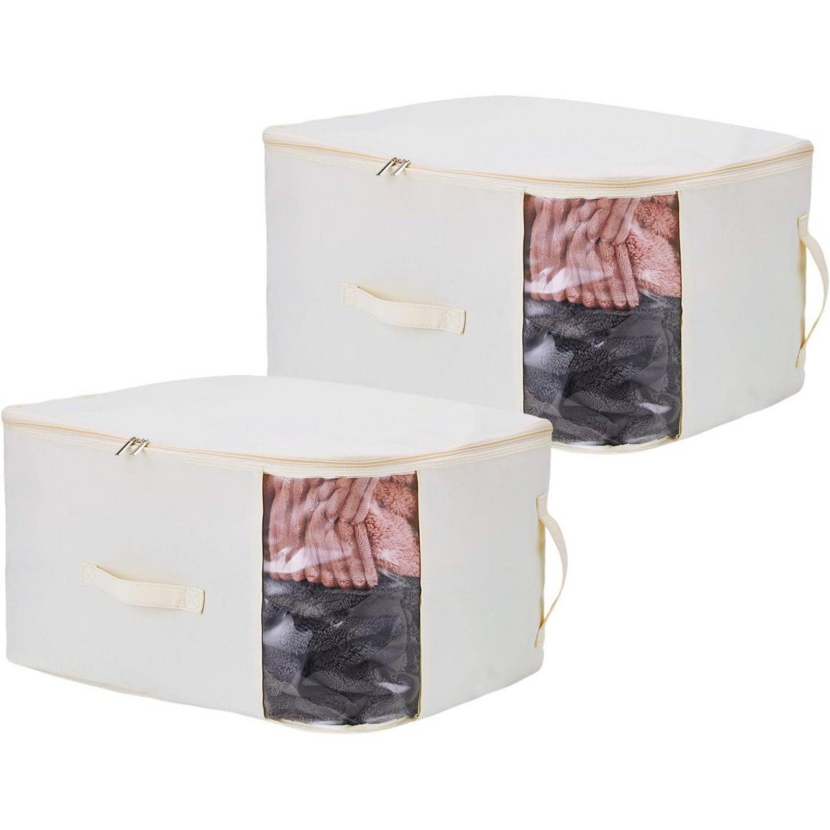 GUEST_e3498e1b-f668-48fb-a456-232041655572.jpg Canvas Storage Bags with Zipper, 2-Pack Large Comforter Organizer with Window & Handles for Blankets, Closet, Dorm,white - Image 1