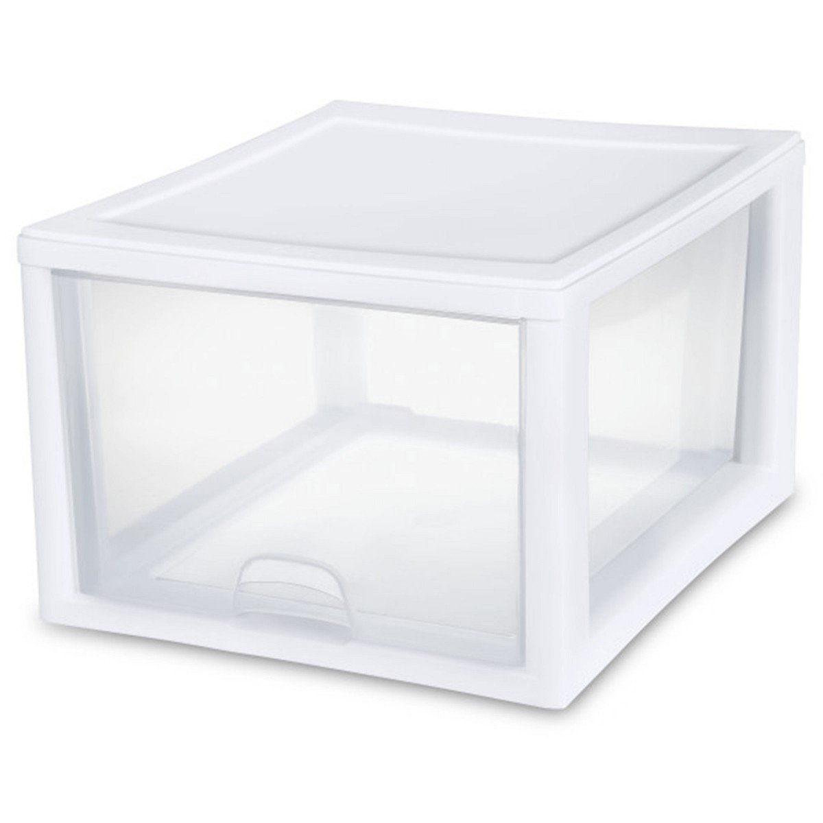 GUEST_e3c8690e-91cc-4b7f-843e-52bda61399c1.jpg Sterilite 27 Quart Clear & White Plastic Storage Bin with One Drawer, 8 Pack - Image 1
