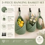Alilang Woven Cotton Rope Hanging Basket Set Wall Storage Organizer with Hooks - Green, Small - Image 4