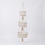 Alilang 3 Tier Macrame Hanging Storage Basket Cotton Rope Wall Organizer Boho Space Saving Storage, Light Beige
