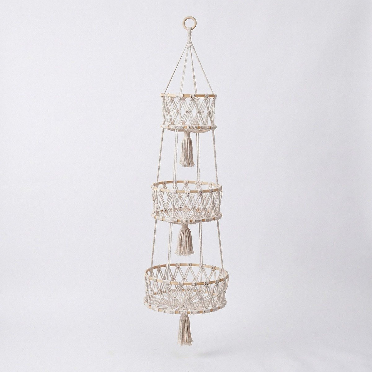 GUEST_e97f2ce7-062a-4c23-bc06-3181b1450690.jpg Alilang 3 Tier Macrame Hanging Storage Basket Cotton Rope Wall Organizer Boho Space Saving Storage, Light Beige - Image 1