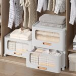 VECELO 2-Tier Stackable Storage Bins with Lid, Foldable PP Storage Cabinet Home Organizer with Lockable Wheels, White - Image 5