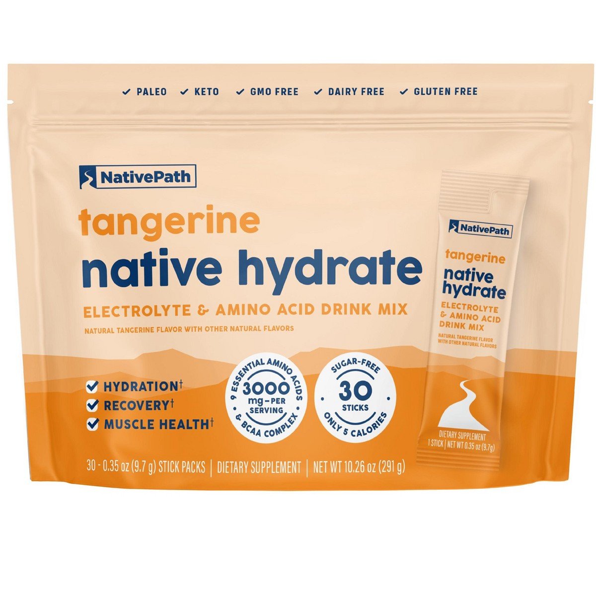 GUEST_ed051726-6308-4567-b418-837b2ff6c766.jpg NativePath Hydrate Electrolyte Stick Packs - Zero Sugar with 2,000mg BCAAs, Tangerine, 30 Servings - Image 1