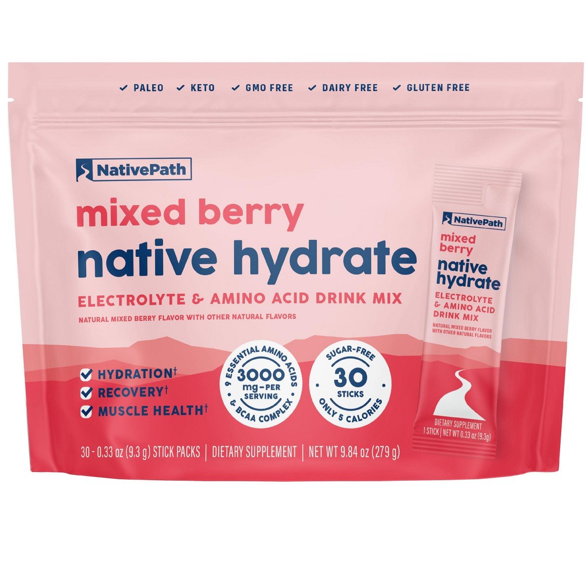 GUEST_f05588d6-0d70-43e6-805e-03e4196f4bed.jpg NativePath Hydrate Electrolyte Stick Packs - Zero Sugar with 2,000mg BCAAs, Mixed Berry, 30 Servings - Image 1