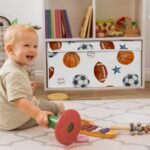 Sweet Jojo Designs Boy Fabric Storage Toy Bin Watercolor Sports Theme Blue Brown and Orange - Image 4