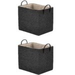 REGALWOVEN 2 Pcs Woven Storage Basket, Shelf Closet Storage Bin for Clothes, Shoes, Organizer Bin with Handles for Home Decor Black 11.8*9.1*11.4in
