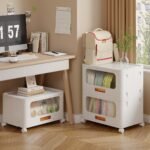 VECELO 2-Tier Stackable Storage Bins with Lid, Foldable PP Storage Cabinet Home Organizer with Lockable Wheels, White - Image 4