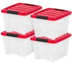 IRIS 19 Qt Christmas Plastic Storage Bin with Lid and Secure Latching Buckles, Clear/Red, 4Pk