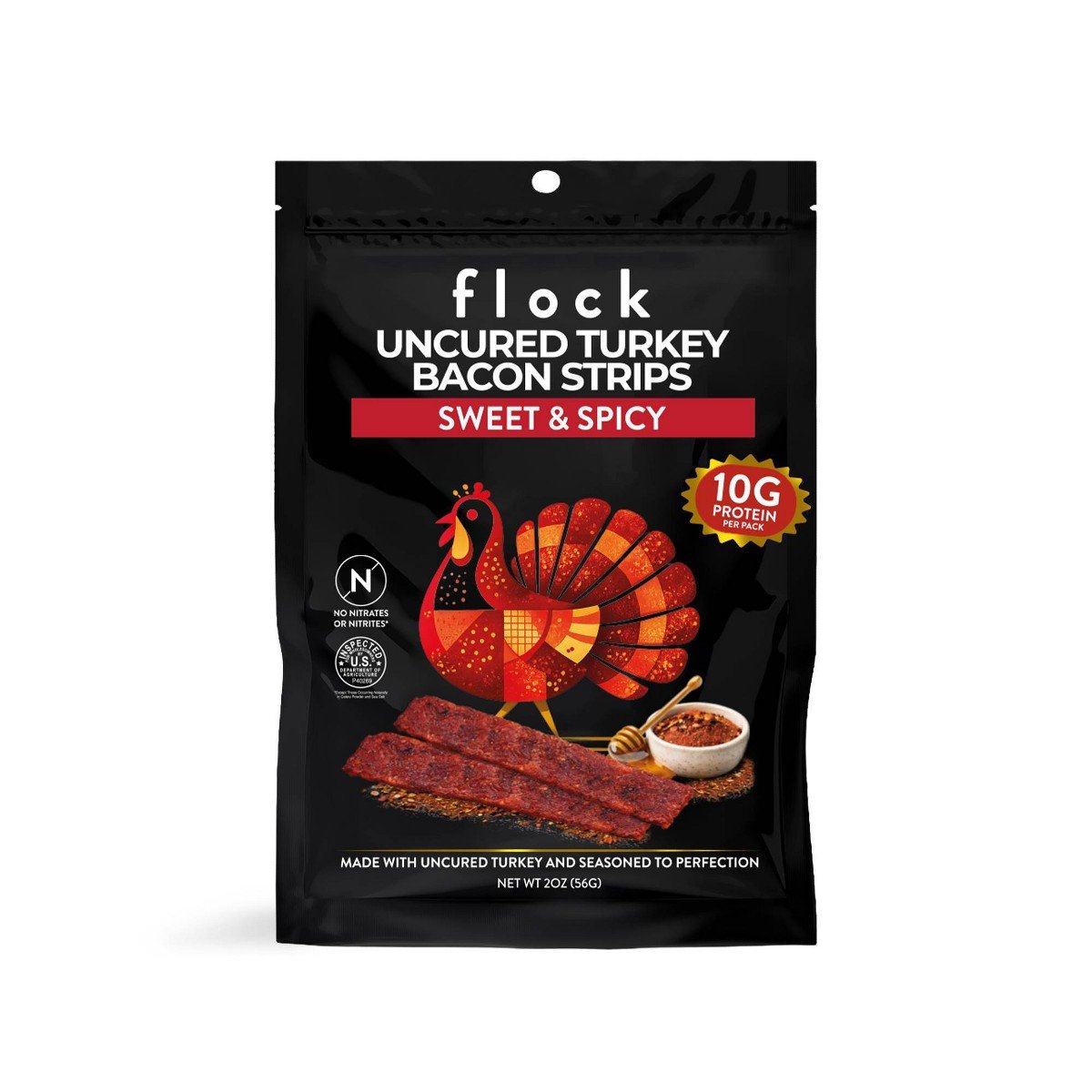 GUEST_fcea9590-3f8c-4ad5-abfd-fe2bccf1b120.jpg Flock Foods Uncured Sweet & Spicy Turkey Bacon Strips - 10g Protein - 2oz - Image 1