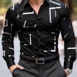 Fashion Men'S Casual Regular Fit Geometric Pattern Long Sleeve Solid Color Polyester Button Lapel Shirt,Non-Stretch Fabric
