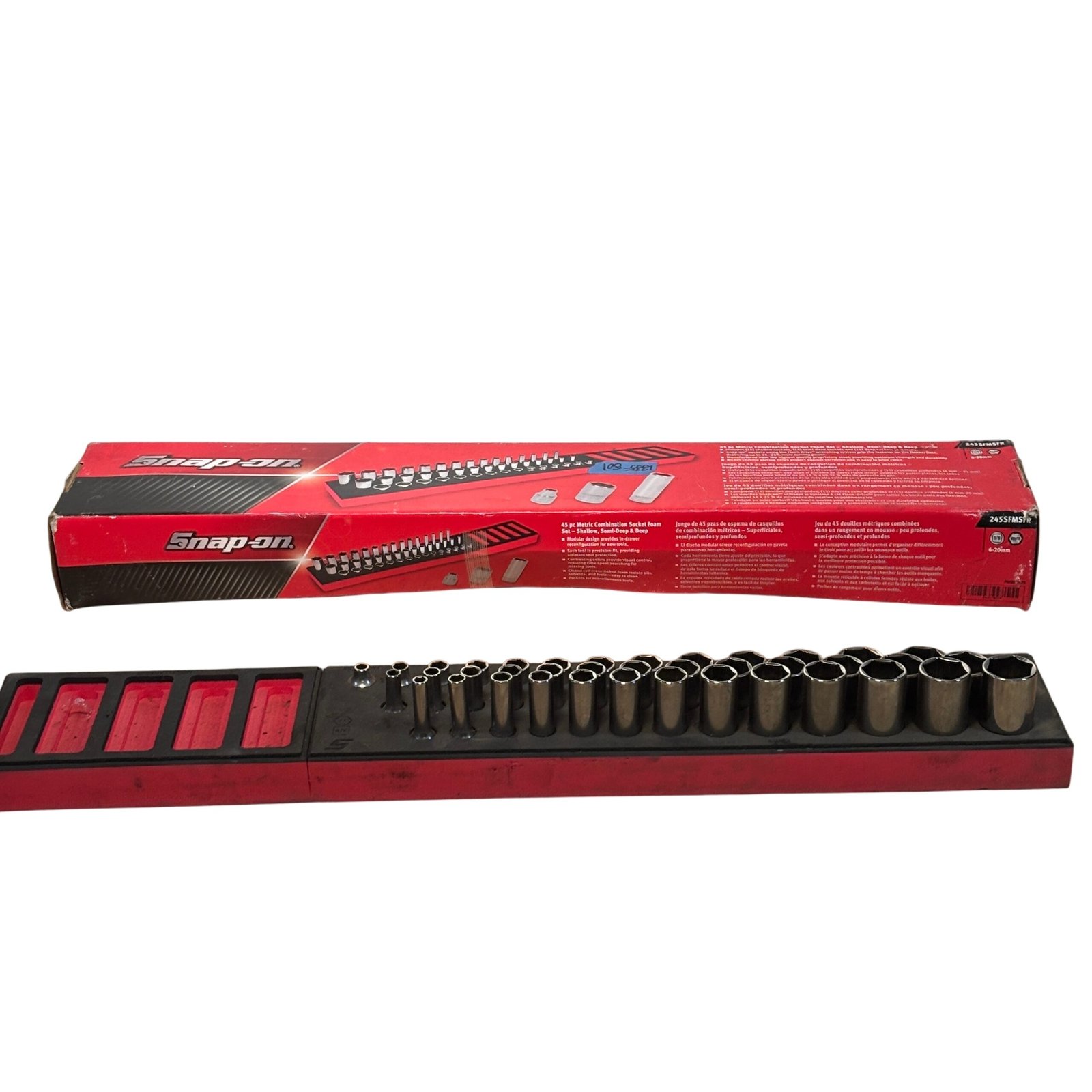 8a87416c-0ac6-4f22-893a-6cdc111695a6.jpg Snap-on Tools 39-Piece Chrome 3/8" Dr SAE 6Pt Deep/Semi Deep/Shallow Socket Set - Image 1