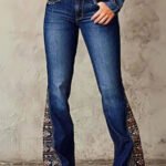 【HME】Jeans / Retro Floral Embroidered Denim Pants, Western Flare Design With Ornate Side Patchwork, Classic Dark Wash Denim Fabric, Stylish Boot‑Cut Pants For Cowgirl Daily & Party Occasions