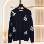 2026 Women Knitwear Crew Neck Butterfly Jacquard Cardigan Front Button Closure Ribbed Hem Cuff