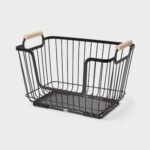 Metal Stackable Wire Pantry Basket with Rubber Wood Handle Black - Brightroom