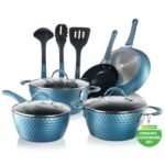 NutriChef 11-Piece Non-Stick Kitchen Cookware Set - Elegant Diamond Pattern, Ceramic Coated Pots & Pans (Blue)