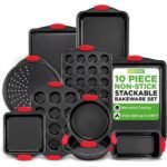 NutriChef 10 Piece Kitchen Oven Baking Pans - Black with Red Silicone