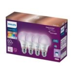 Philips 4pk Smart Wi-Fi 60W Multi-colored LED Light Bulbs A19: E26 Base, Voice Control, Dimmable, Compatible with Alexa, Google, Siri