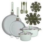 GoodCook 14pc Removable Handle Ceramic Nonstick Cookware Set Sage Green