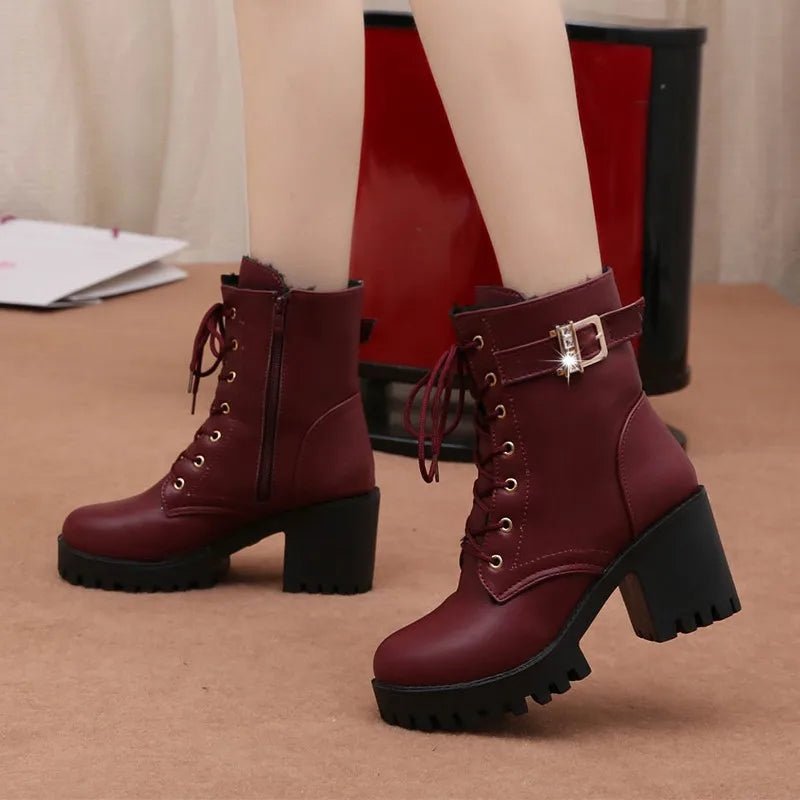 H0122b0d1785c4f44b713020d235e248eW.jpg Hot Sale Women Boots Lace Up Flat Biker Wine Red Boots Shoes Buckle Woman Botas Women Boots 2021 New - Image 1