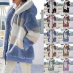 2024 Autumn Winter Warm Plush Patchwork Zipper Pocket Hooded Loose Coat Women - Image 3